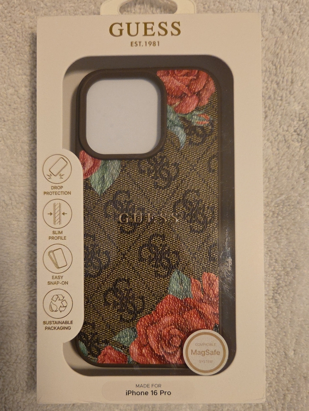 GUESS Brown Monogram iPhone Case with Red Floral Accents